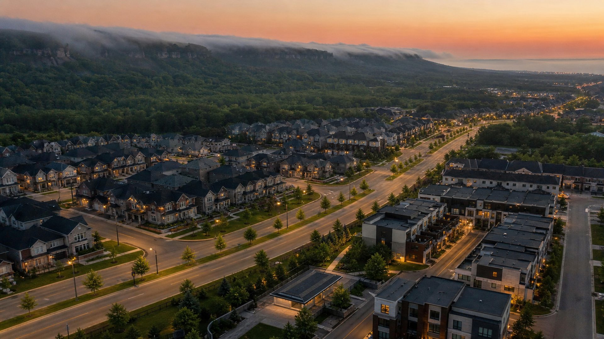 Aerial view of new homes along the Trafalgar Road corridor in Milton, Ontario — Hawthorne on Trafalgar by Mattamy Homes